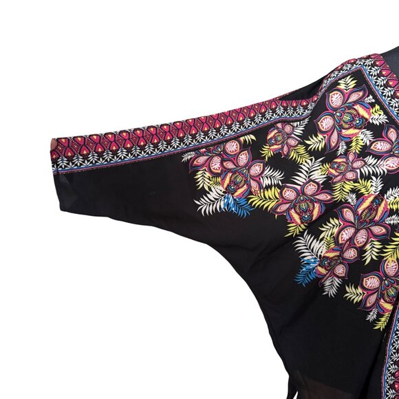 Rose + Olive Black Boho Floral V-Neck Tunic Blouse L 100% Polyester - Picture 2 of 6